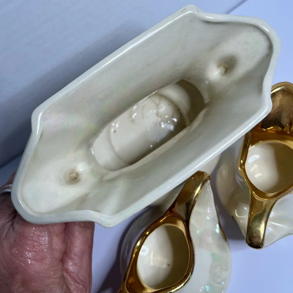 Vintage Pearl China Co. 3-Piece Lusterware Console Set 22K Gold Trim USA